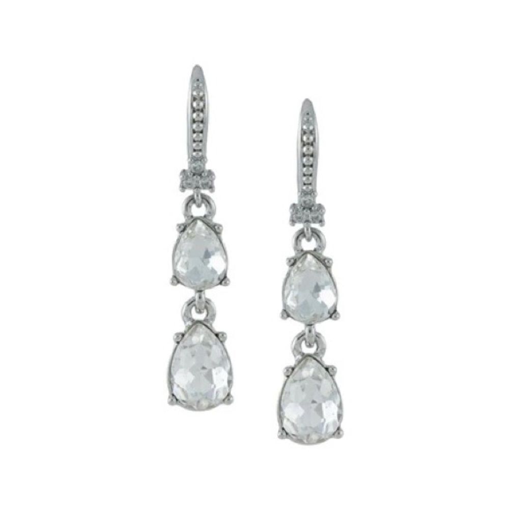 Marchesa Double Crystal Drop Earrings Silver Tone Pear Cut New